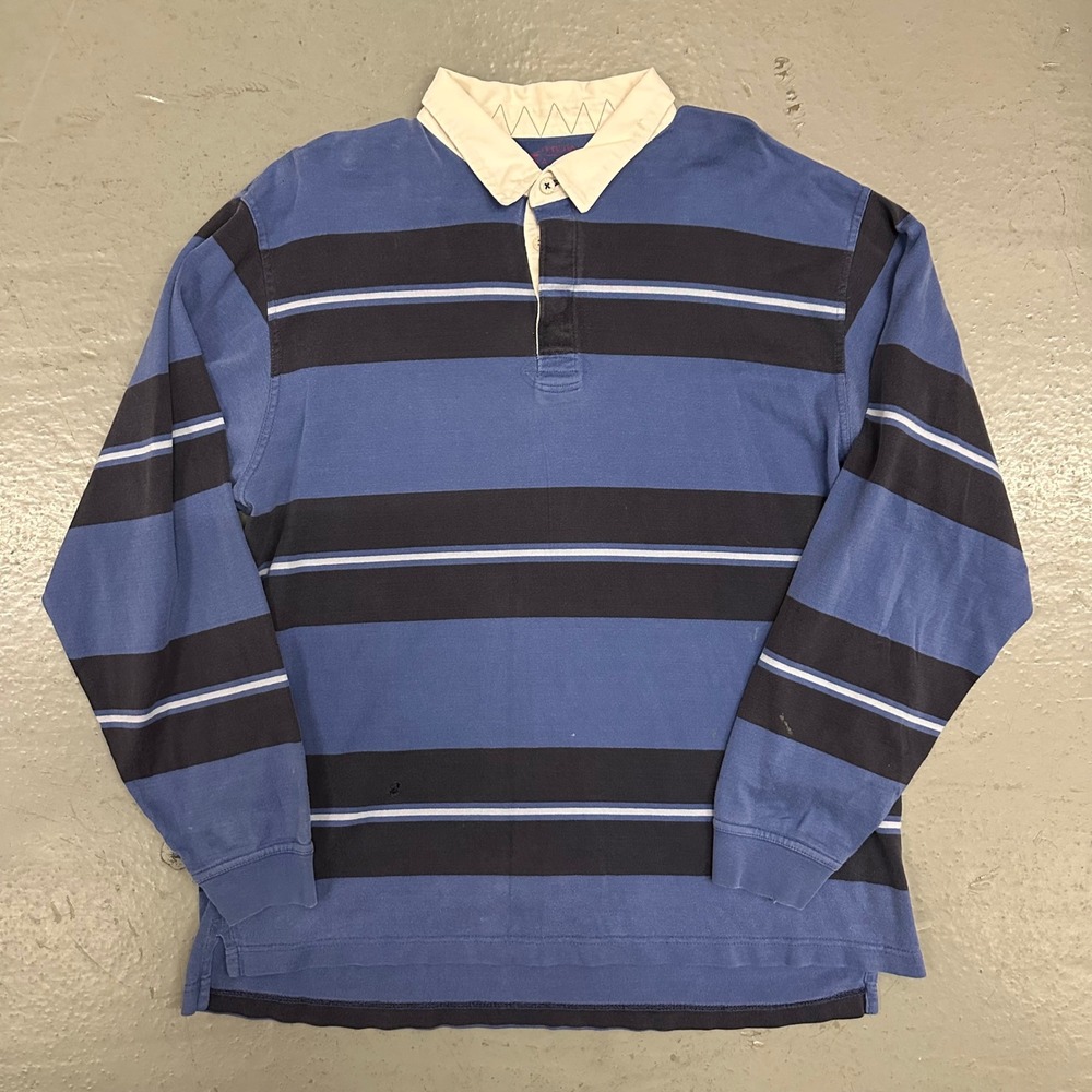 Vintage Arrow Mens Rugby Shirt XL Blue Striped Preowned Flaws Stains Faded